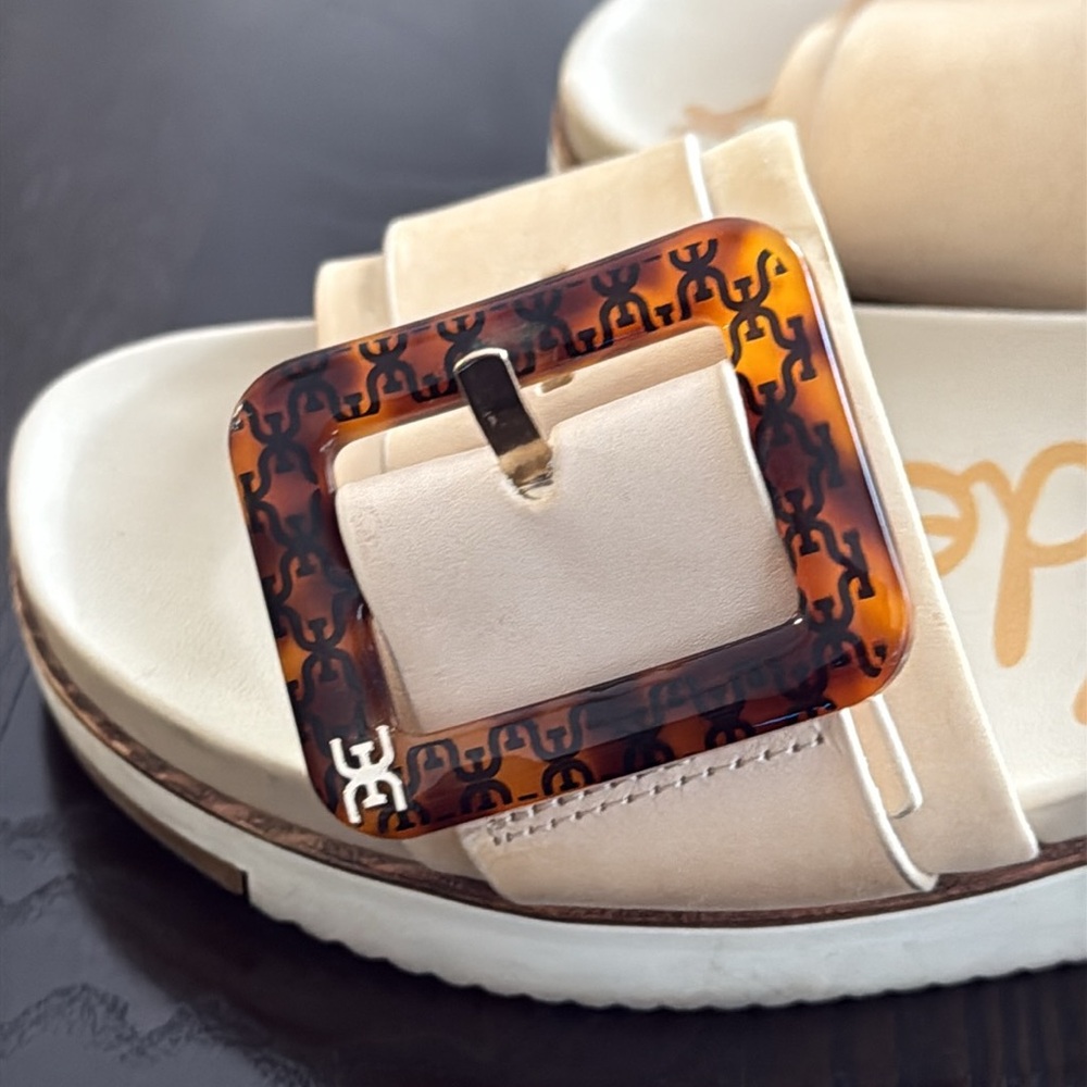 Sam Edelman Ariane Beige Slide Sandals with Tortoise Buckle Shoes